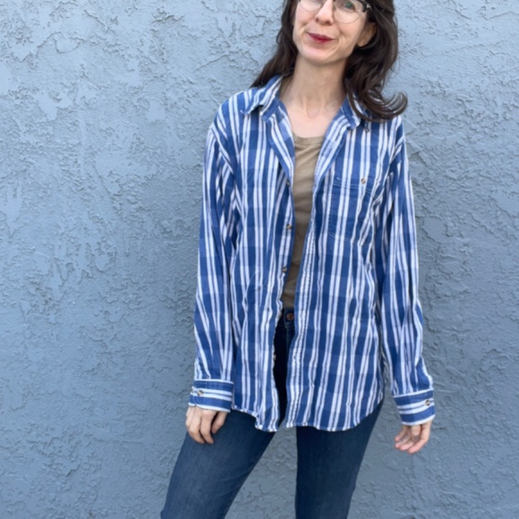 Vintage Cotton Shirt in Mens Large Blue Plaid 90s button down - Picture 1 of 11